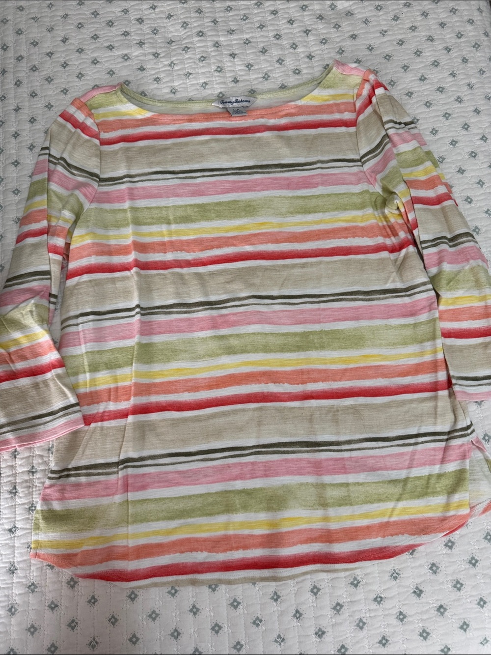 Tommy Bahama Ashby Isles Seabreeze Striped Scoop-Neck 3/4 sleeve tee.
